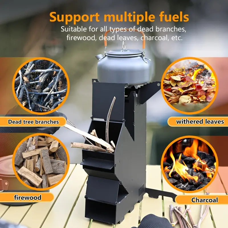 Multi-functional Iron Wood Burning Rocket Stove for Outdoor Cooking