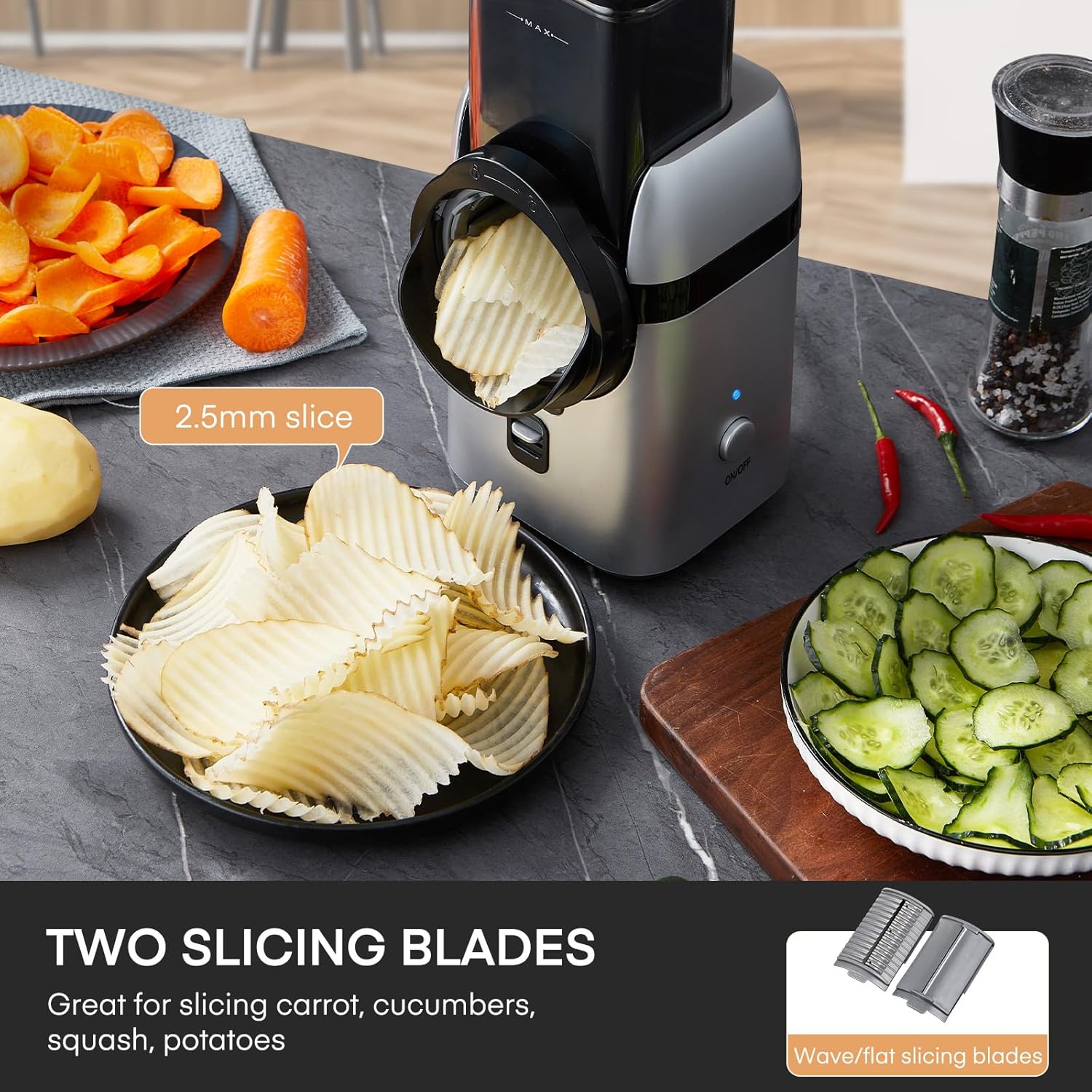 Electric Vegetable Slicer with 3 Interchangeable Blades