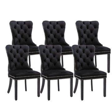 6x Velvet Dining Chairs with Solid Wood Legs Stud Trim and Ring-Black