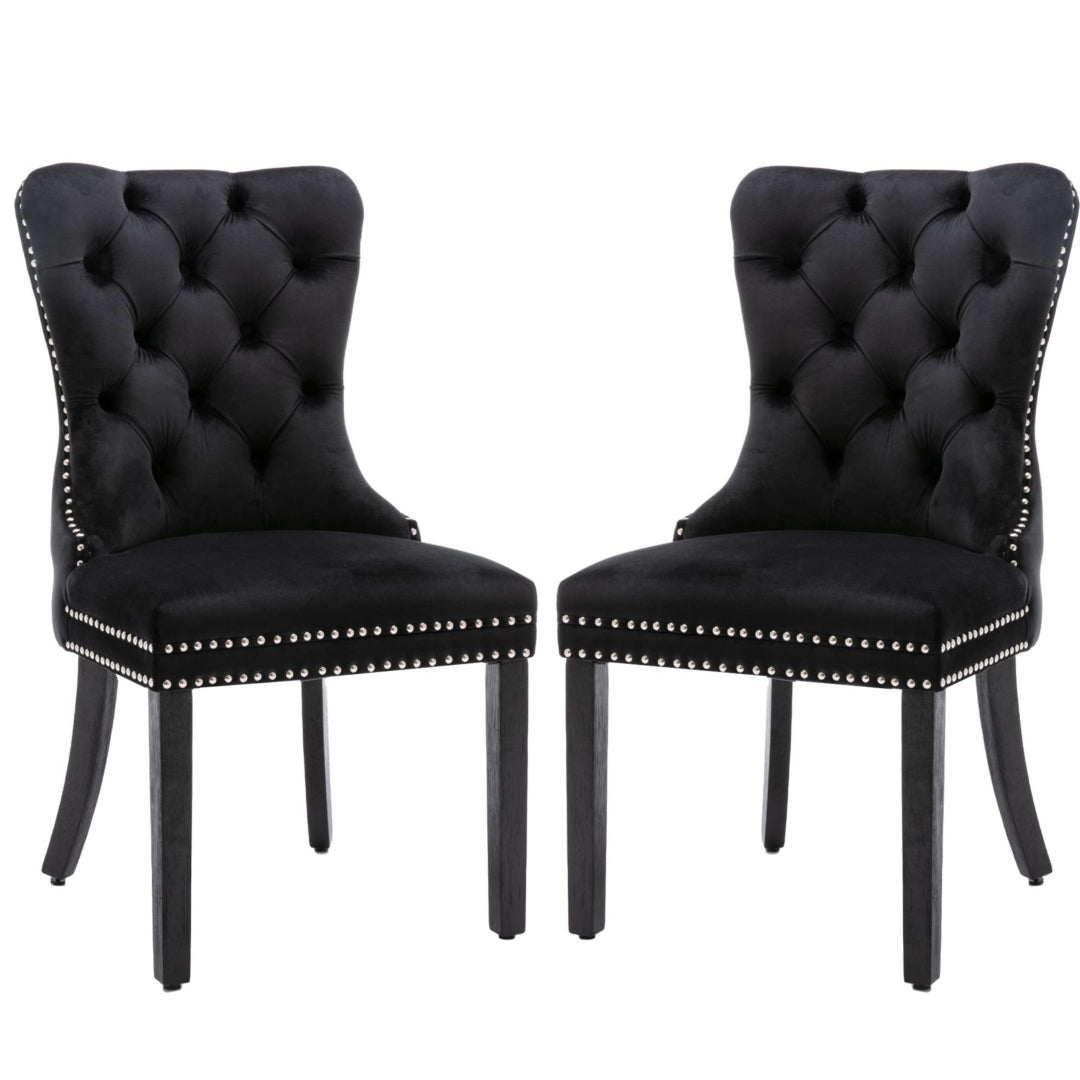 6x Velvet Dining Chairs with Solid Wood Legs Stud Trim and Ring-Black