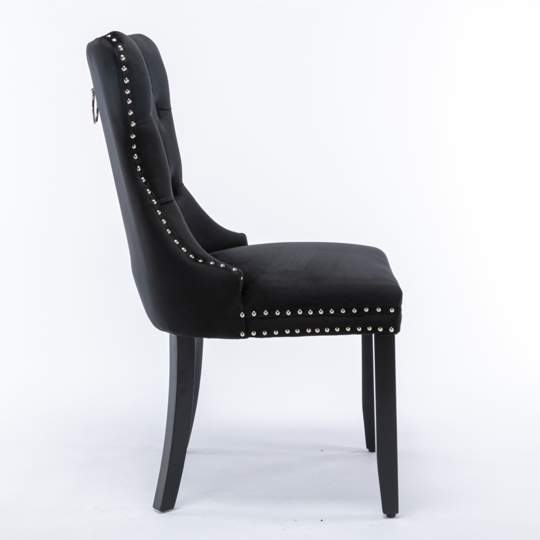 6x Velvet Dining Chairs with Solid Wood Legs Stud Trim and Ring-Black