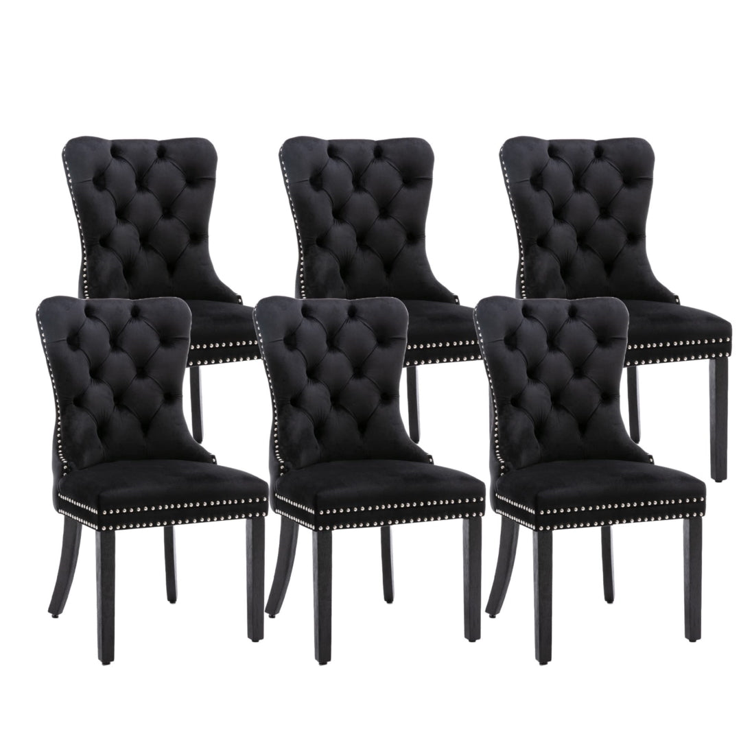 6x Velvet Dining Chairs with Solid Wood Legs Stud Trim and Ring-Black