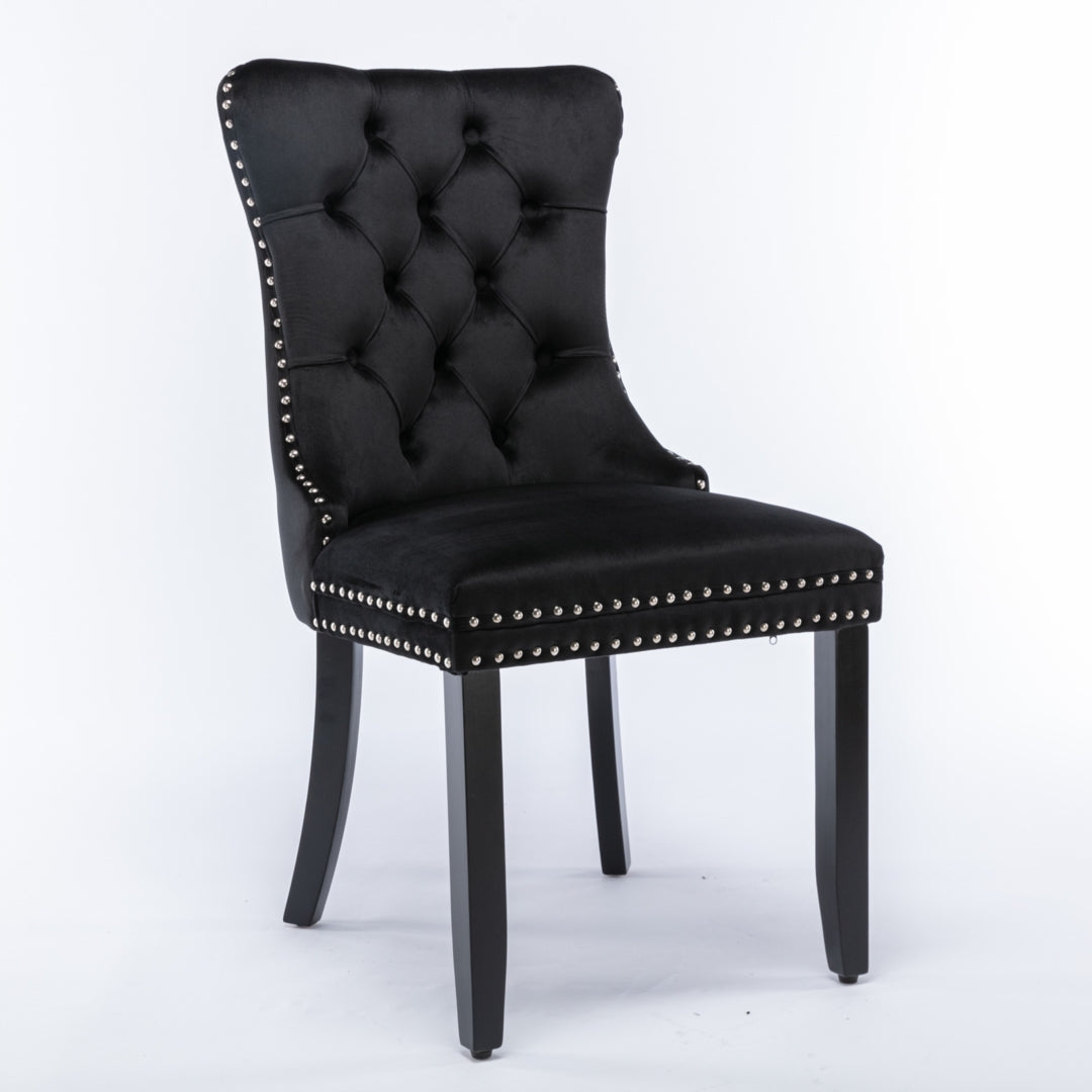 6x Velvet Dining Chairs with Solid Wood Legs Stud Trim and Ring-Black