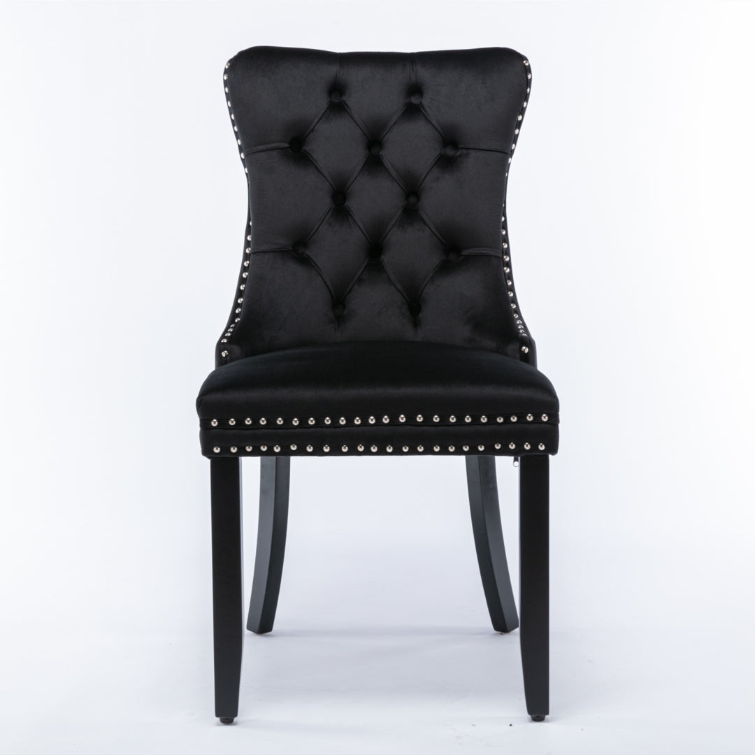 6x Velvet Dining Chairs with Solid Wood Legs Stud Trim and Ring-Black
